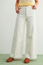 Person wearing light-colored wide-leg jeans and a yellow top on a plain background