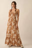 Woman wearing a floral dress on a beige background