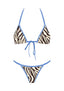 Zebra print bikini with blue straps on a white background