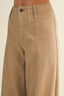 Close-up of a model wearing beige wide-leg trousers, showing the waistband, belt loops, button, and front pocket details.
