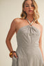 Beaded Halter Linen Striped Dress
