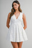 Eyelet Deep V Neckline Front Bow Smocked Back Mini Dress
