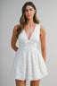Eyelet Deep V Neckline Front Bow Smocked Back Mini Dress

