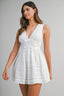 Eyelet Deep V Neckline Front Bow Smocked Back Mini Dress
