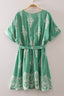 Sage Green Split Neck Printed Mini Boho Dress
