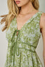 Green floral dress worn by a model on a plain background