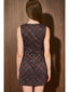 A woman viewed from behind wearing a sleeveless fit-and-flare dress with a dark plaid pattern in black, burgundy, and brown, standing against a dark wood-paneled wall.
