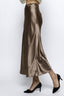 Brown satin midi skirt worn by a person on a white background