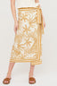 Person wearing a yellow and white patterned skirt on a plain background