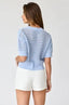 Woman wearing a light blue crochet top and white shorts on a plain background