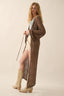 Woman wearing a long brown cardigan over a light outfit with beige boots on a plain background