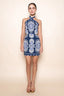 Woman wearing a blue and white patterned dress on a beige background