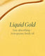 Advertisement for 'Liquid Gold' body oil with a yellow background and text.
