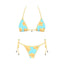 Triangular bikini set with yellow floral pattern on a white background