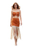 A model walks down a fashion runway wearing a two-piece outfit consisting of a rust-orange crop top with white trim and a matching high-waisted skirt featuring a long cream fringe hem.