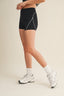 Person wearing black athletic shorts and white sneakers on a beige background