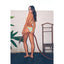 Woman in a colorful bikini holding a hose against a white wall with a plant and wooden ladder.