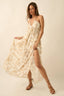 Woman wearing a floral dress on a beige background
