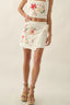 Person wearing a floral embroidered skirt and top on a plain background