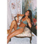 Woman in a green bikini sitting on a floral chair with a decorative background