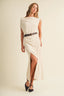 Back view of the Soleil Cowl Neck Belted Maxi Dress in cream, showing the clean column silhouette, open one-shoulder back neckline drape, removable faux-leather belt, and floor-grazing hem length