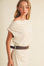 Front view of the Soleil Cowl Neck Belted Maxi Dress in cream, featuring an asymmetrical cowl neckline, sleeveless cap-sleeve structure, removable brown faux-leather belt with gold buckle, and a floor-grazing column silhouette with high side slit