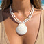 Large Sea Shell Pendant Double Strand Bead Necklace