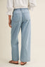 Light blue denim pants worn by a person on a beige background