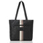 Black tote bag with a striped design on a white background
