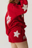 Red outfit with star patterns and text on a plain background