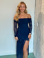 Navy Off-the-Shoulder Sheer Mesh Maxi Dress