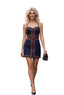 A woman walking down a city street wearing a navy blue mini dress with orange geometric stripe details, holding a matching handbag.