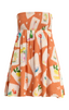 Orange strapless dress with colorful pattern on a white background