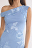 Light blue one-shoulder dress with floral embroidery on a white background