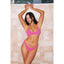 Woman in a pink bikini standing against a tiled wall.