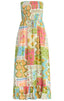 Colorful strapless dress with a patchwork pattern on a white background