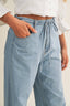 Light blue jeans worn by a person on a plain background