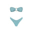 Teal bandeau bikini set with gold hardware detail on a white background
