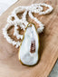 White Moonstone Beaded Necklace with Oyster Shell Pendant