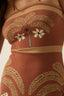 Close-up of a brown garment with palm tree and flower patterns