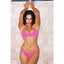 Woman wearing a pink bikini against a tiled wall.