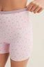 Pink floral shorts on a neutral background